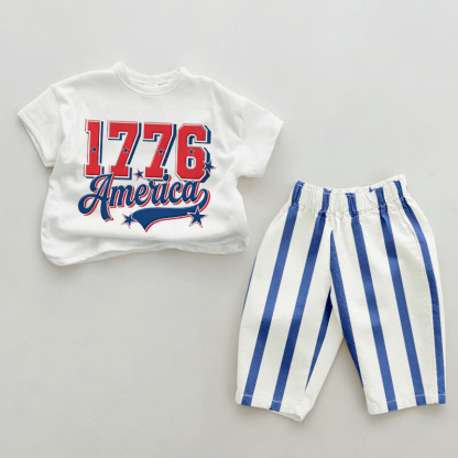 1776 AMERICA Baby Slogan Blau Vertikal Streifen 2-teiliges Set - Weiß & Blau - 2-3J - image 1
