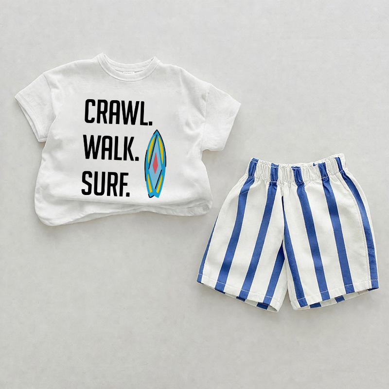 Krabbeln. Gehen. Surfen. Baby , vertikal Streifen 2-teiliges Shorts Set - Weiß & Blau - 2-3J - image 1
