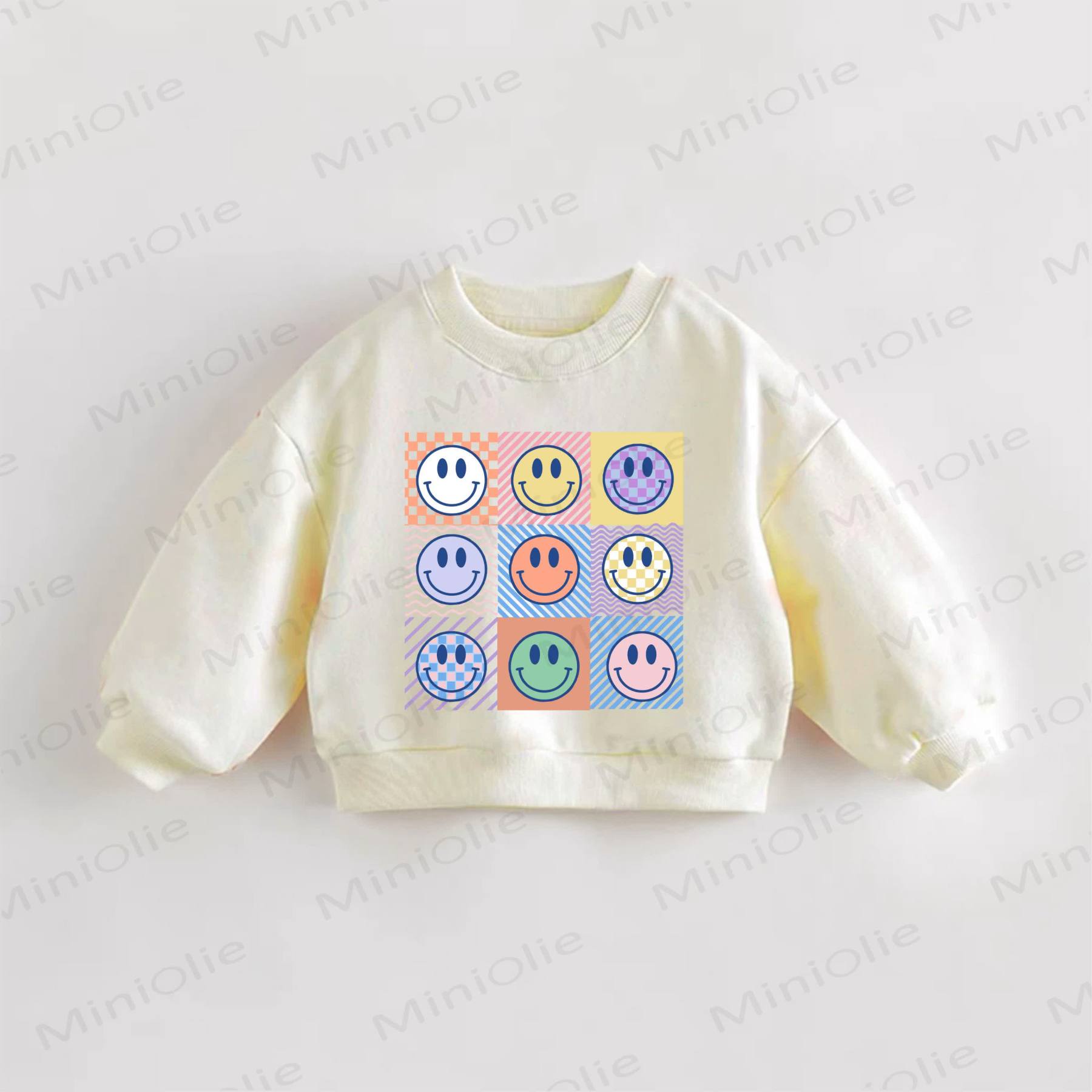 Baby Kleinkind Sweatshirt mit Glückliches Gesicht und Gingham Karo - Creme - 3-5J - image 1