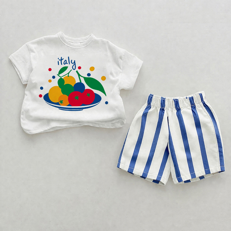 ITALY Baby Obst Shorts Set mit vertikalen Streifen , 2-teilig - Weiß & Blau - 2-3J - image 1