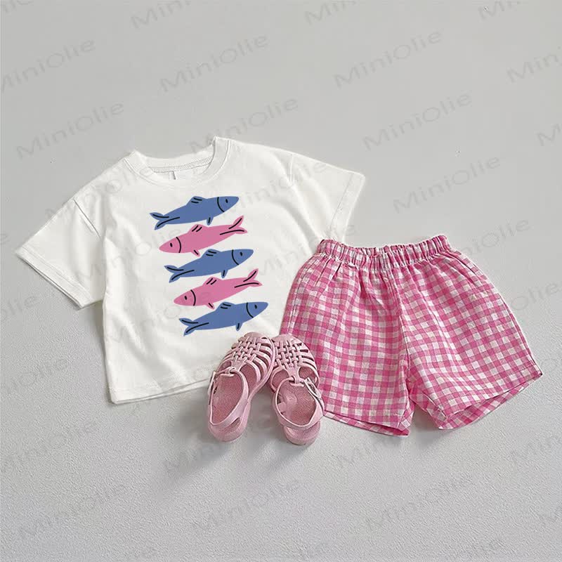 Baby Fisch Rosa T-Stück und Plaid Shorts 2-teiliges Set - Weiß & Rosa - 3-5J - image 1