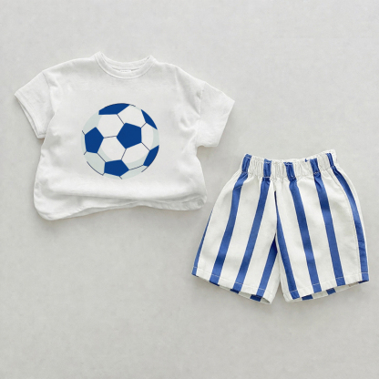 Baby , vertikal Streifen 2-teiliges Shorts Set im Fußball-Design - Weiß & Blau - 2-3J - image 1