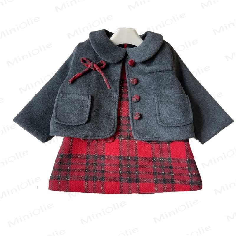 Kleinkind Kleid mit Schleife und Plaid für Kleinkindmädchen & graue Oberbekleidung - image 3