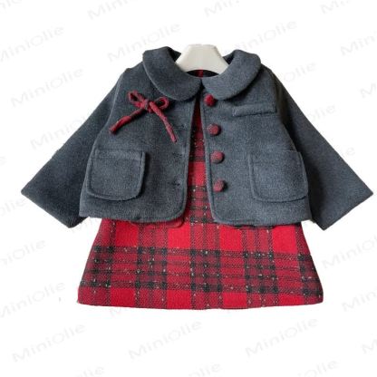 Kleinkind Kleid mit Schleife und Plaid für Kleinkindmädchen & graue Oberbekleidung - image 3