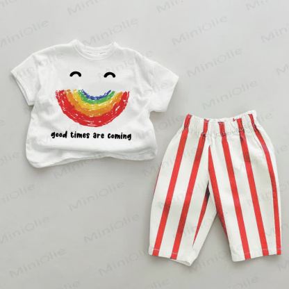 GOOD TIMES ARE COMING – Baby Set mit rot-weiß Streifen Hose , 2-teilig - Weiß & Rot - 2-3J - image 1