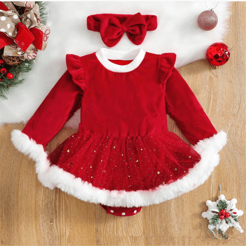 Roter Weihnachts-Body mit Rock und Stirnband für Babys