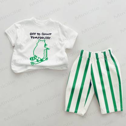 OFF TO COMMIT TOMFOOLERY Baby Waschbär-Print- Set mit vertikalen Streifen , 2-teilig - Weiß & Grün - 2-3J - image 1
