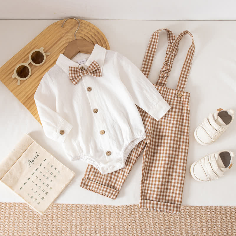 Baby Jungen Gentleman Plaid Bodysuit Overalls 2-teiliges Set - Khaki - 12-18M - image 15