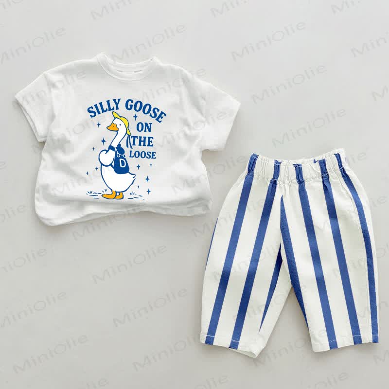 SILLY GOOSE ON THE LOOSE Baby Goose Print Blau Vertikal Streifen 2-teiliges Set - Weiß & Blau - 2-3J - image 1