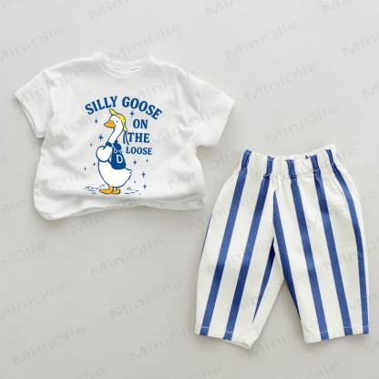 SILLY GOOSE ON THE LOOSE Baby Goose Print Blau Vertikal Streifen 2-teiliges Set - Weiß & Blau - 2-3J - image 1