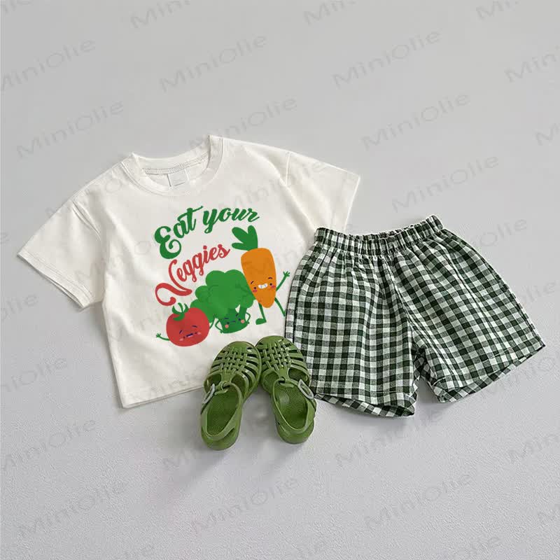 EAT YOUR VEGGIES Baby T-Stück und Shorts 2-teiliges Set - Weiß & Grün - 3-5J - image 1