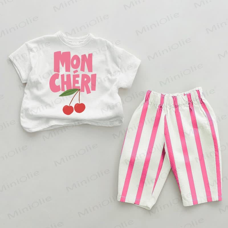 MON CHERI Baby , vertikal Streifen 2-teiliges Set - Weiß & Rosa - 2-3J - image 1