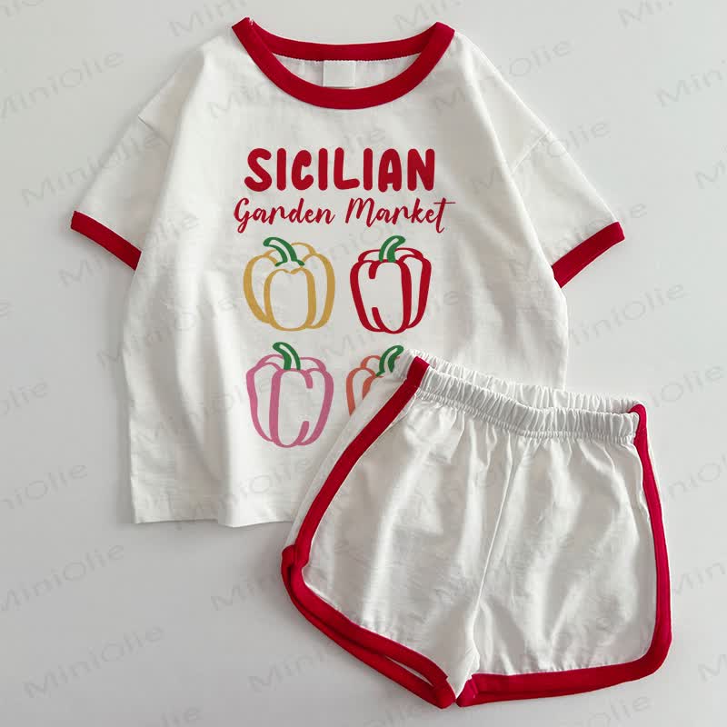 SICILIAN GARDEN MARKET Baby -T-Shirt und Shorts 2-teiliges Set - Weiß & Rot - 3-5J - image 1