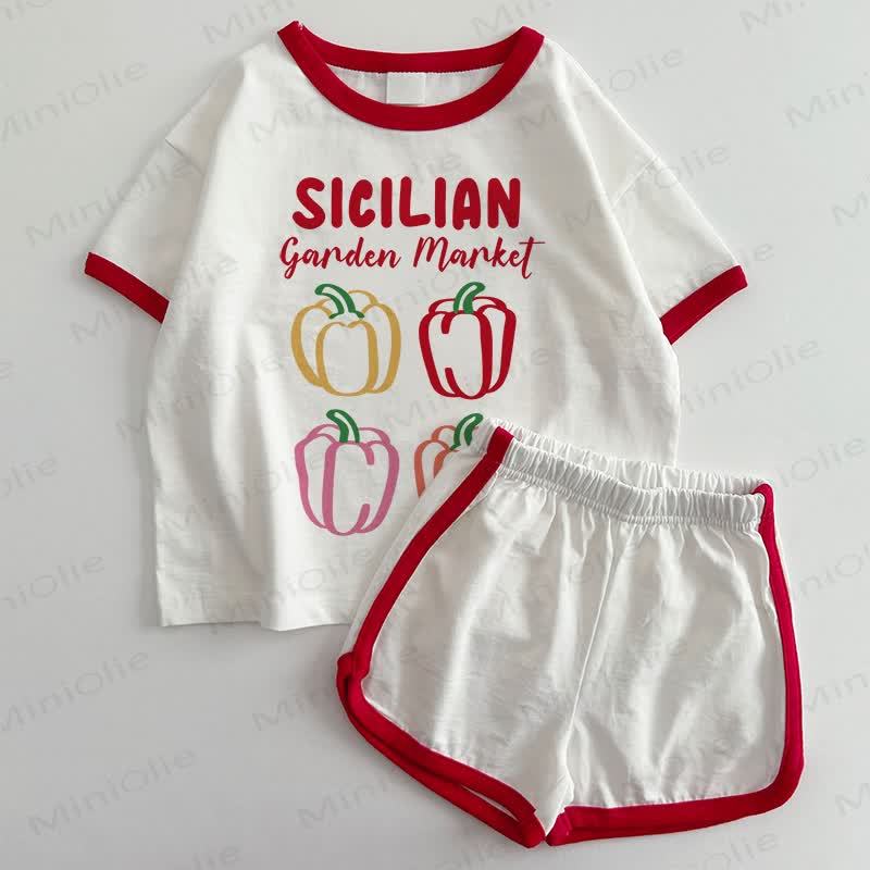 SICILIAN GARDEN MARKET Baby -T-Shirt und Shorts 2-teiliges Set - Weiß & Rot - 3-5J - image 1