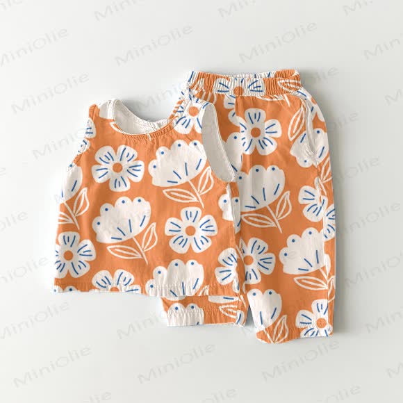 Zweiteiliges ärmelloses Set mit Blume in Orange für Kleinkind - Orange - 5-7J - image 1