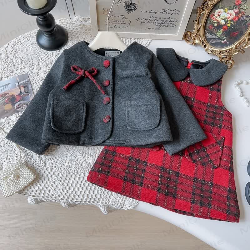 Kleinkind Kleid mit Schleife und Plaid für Kleinkindmädchen & graue Oberbekleidung - image 4