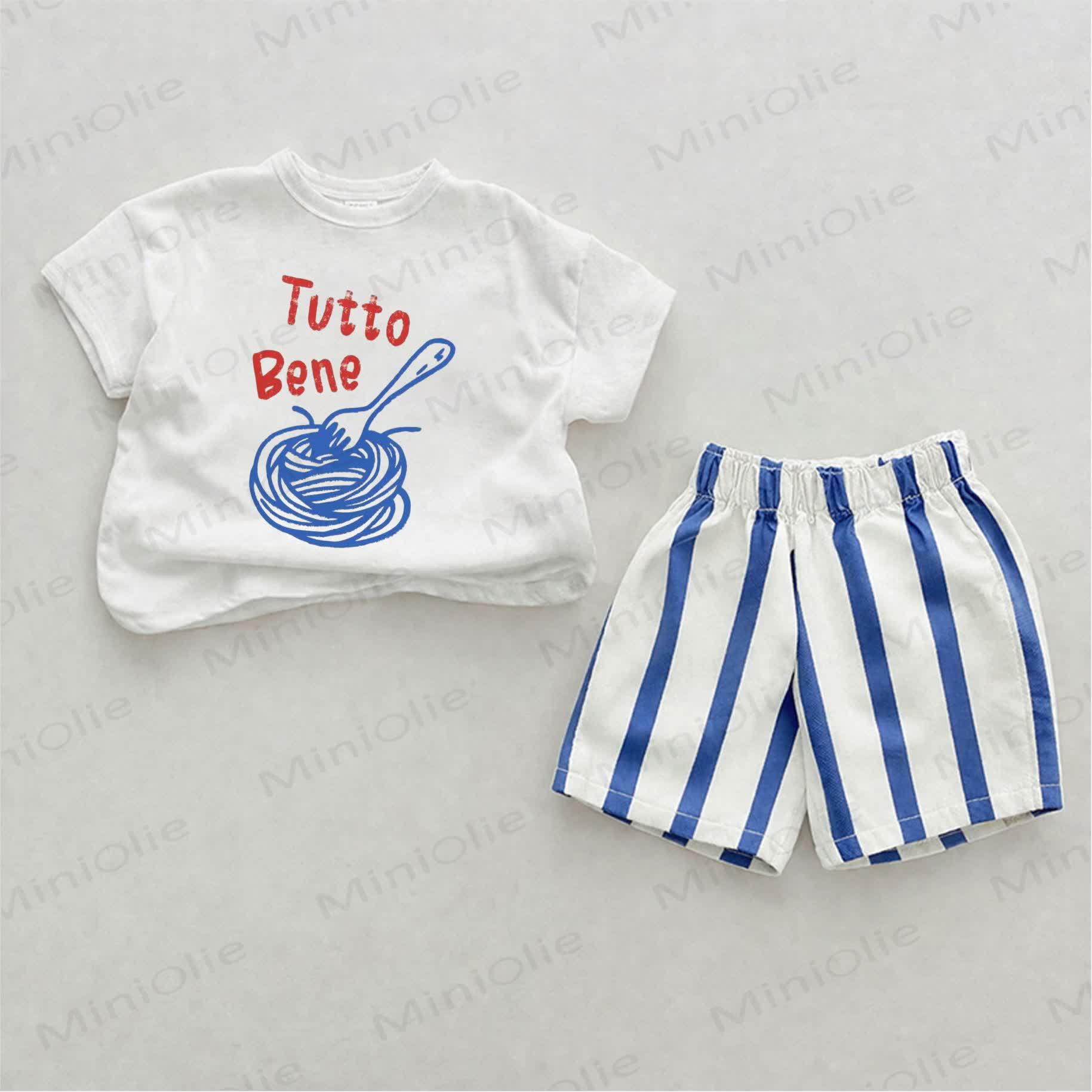 TUTTO BENE Baby Pasta Print Blau Vertikal Streifen 2-teiliges Shorts Set - Weiß & Blau - 2-3J - image 1