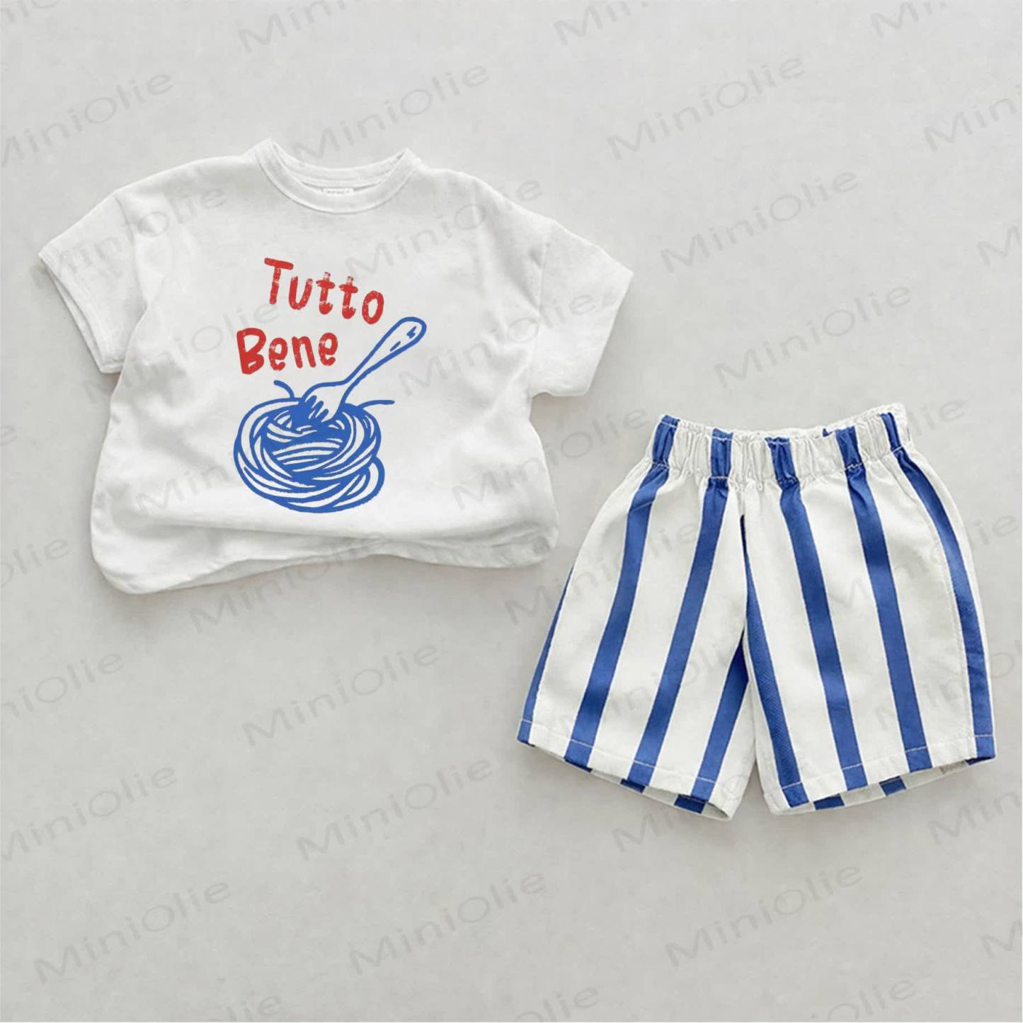 TUTTO BENE Baby Pasta Print Blau Vertikal Streifen 2-teiliges Shorts Set - Weiß & Blau - 2-3J - image 1