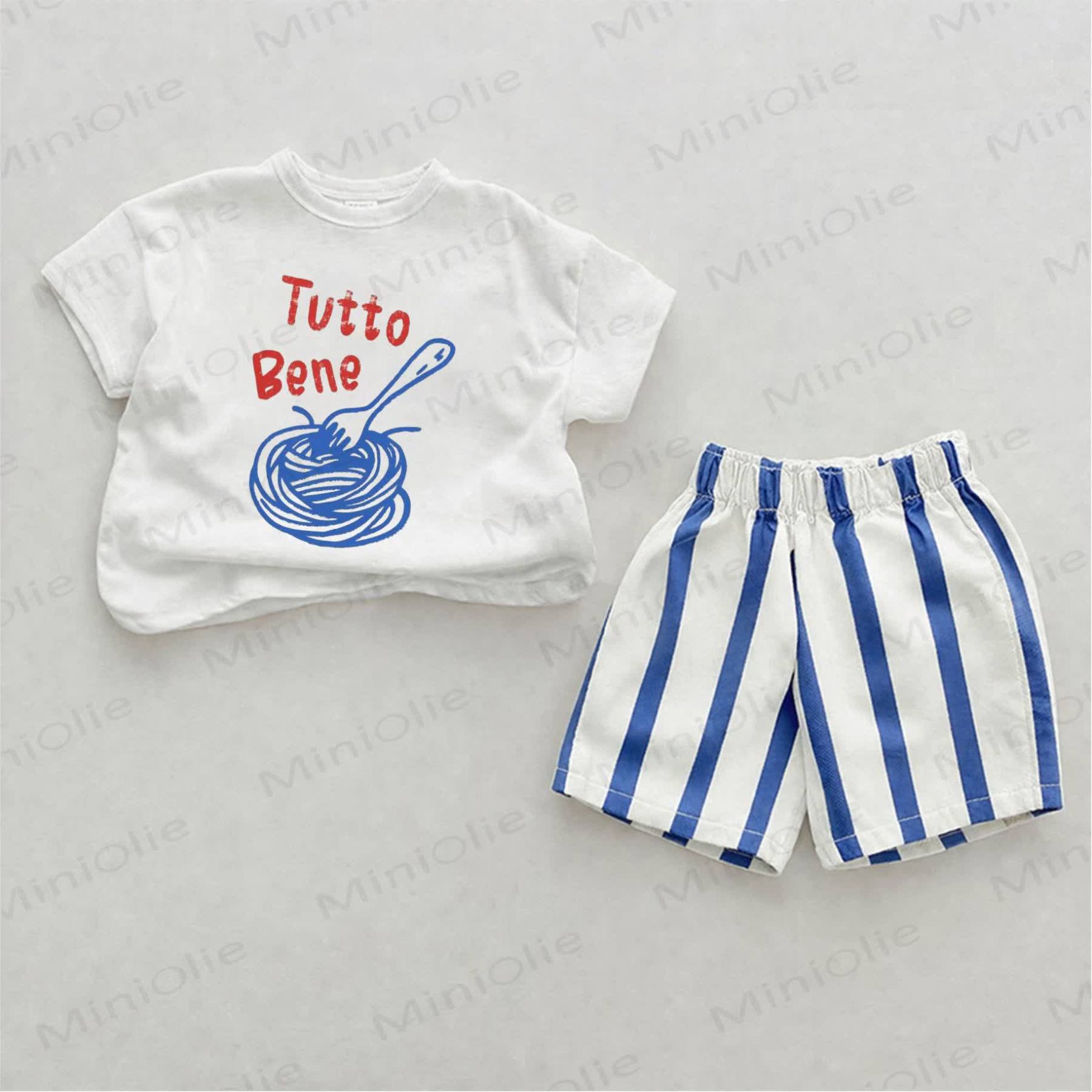 TUTTO BENE Baby Pasta Print Blau Vertikal Streifen 2-teiliges Shorts Set - Weiß & Blau - 2-3J - image 1