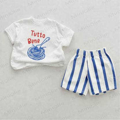 TUTTO BENE Baby Pasta Print Blau Vertikal Streifen 2-teiliges Shorts Set - Weiß & Blau - 2-3J - image 1