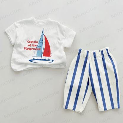 CAPTAIN OF THE PLAYGROUND Baby , vertikal Streifen 2-teiliges Set - Weiß & Blau - 2-3J - image 1