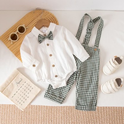 Baby Jungen Gentleman Plaid Bodysuit Overalls 2-teiliges Set - Grün - 12-18M - image 17
