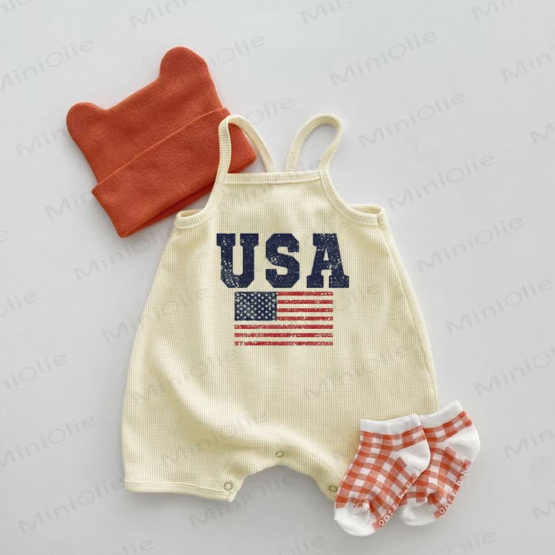 USA Baby Flag Waffel Hosenträger Strampler - Beige - 18-24M - image 1
