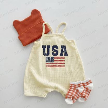 USA Baby Flag Waffel Hosenträger Strampler - Beige - 18-24M - image 1