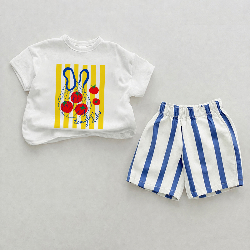 Baby Tomaten Set mit vertikalen Streifen , 2-teilig - Weiß & Blau - 2-3J - image 1