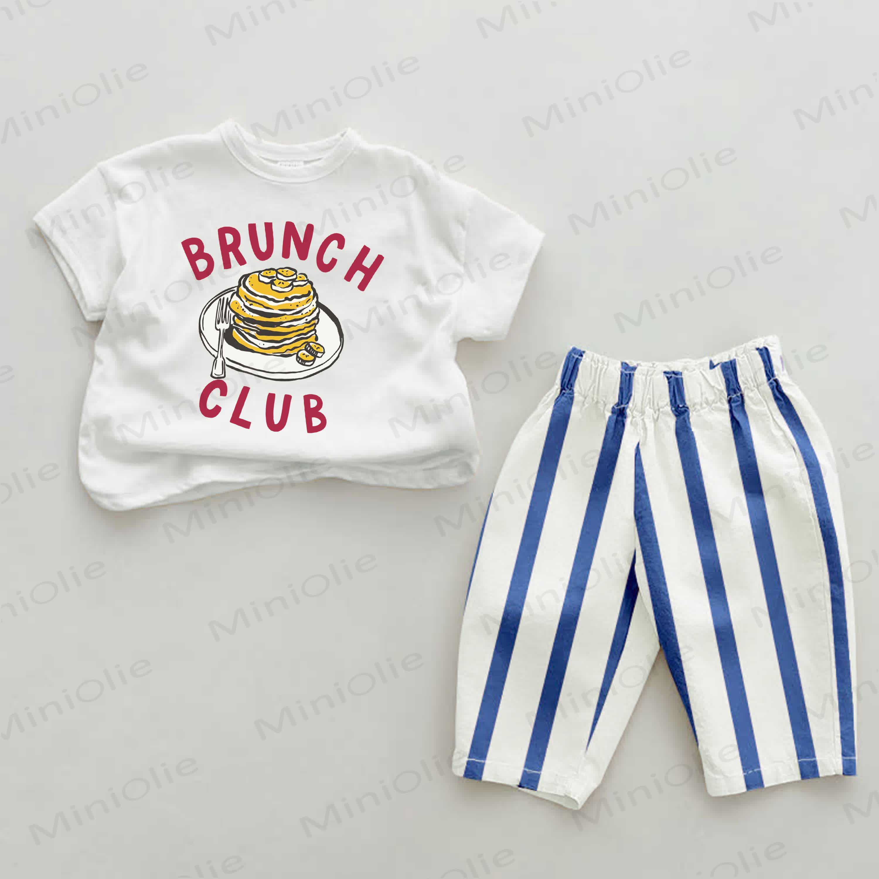 BRUNCH CLUB Baby Pancake Print Blau Vertikal Streifen 2-teiliges Set - Weiß & Blau - 2-3J - image 1