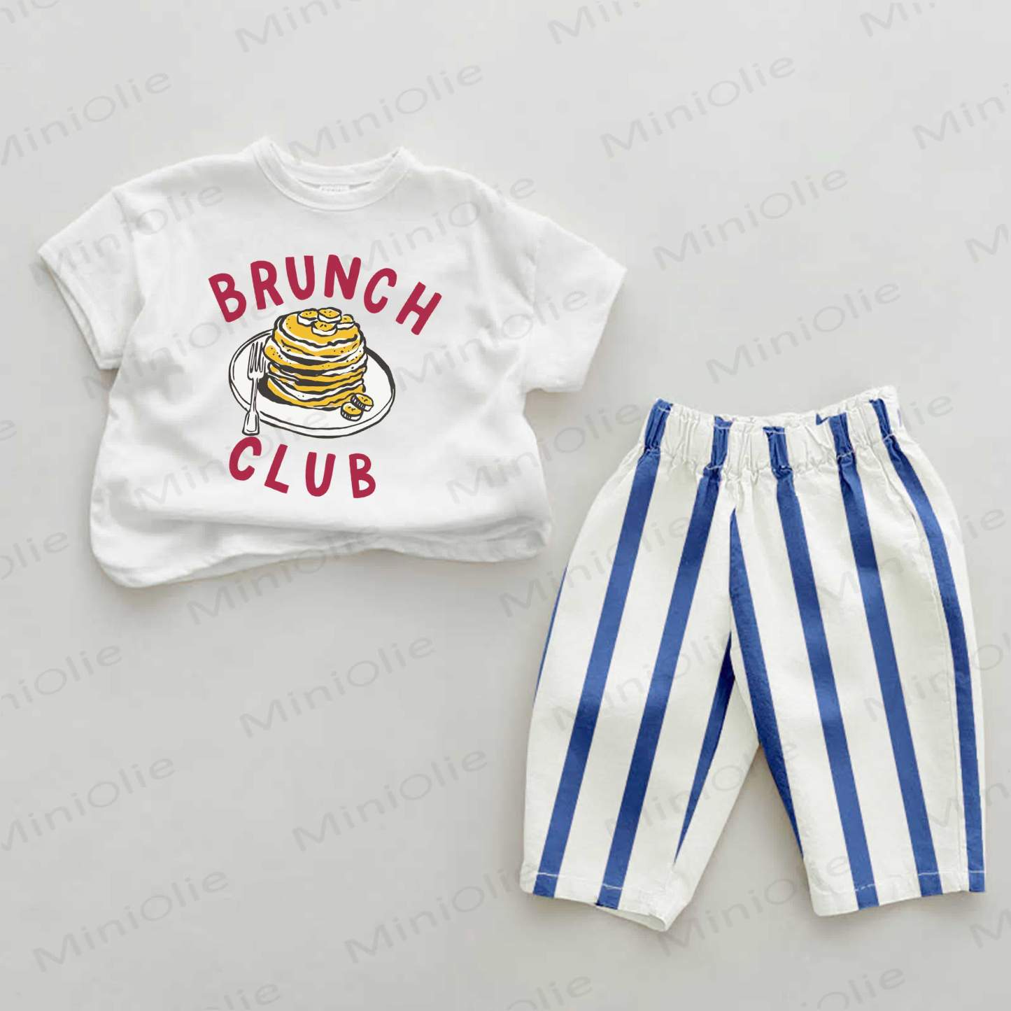 BRUNCH CLUB Baby Pancake Print Blau Vertikal Streifen 2-teiliges Set - Weiß & Blau - 2-3J - image 1