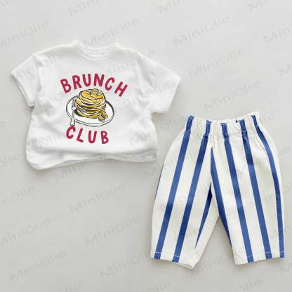BRUNCH CLUB Baby Pancake Print Blau Vertikal Streifen 2-teiliges Set - Weiß & Blau - 2-3J - image 1