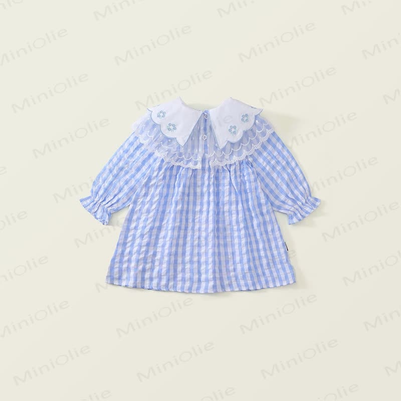 Blau Plaid Kleid mit Blume und Revers für Kleinkind - image 3