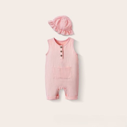 Baby Strampler mit Tasche , Einfarbig, ärmellos, mit Hut - Hellrosa - 12-18M - image 7
