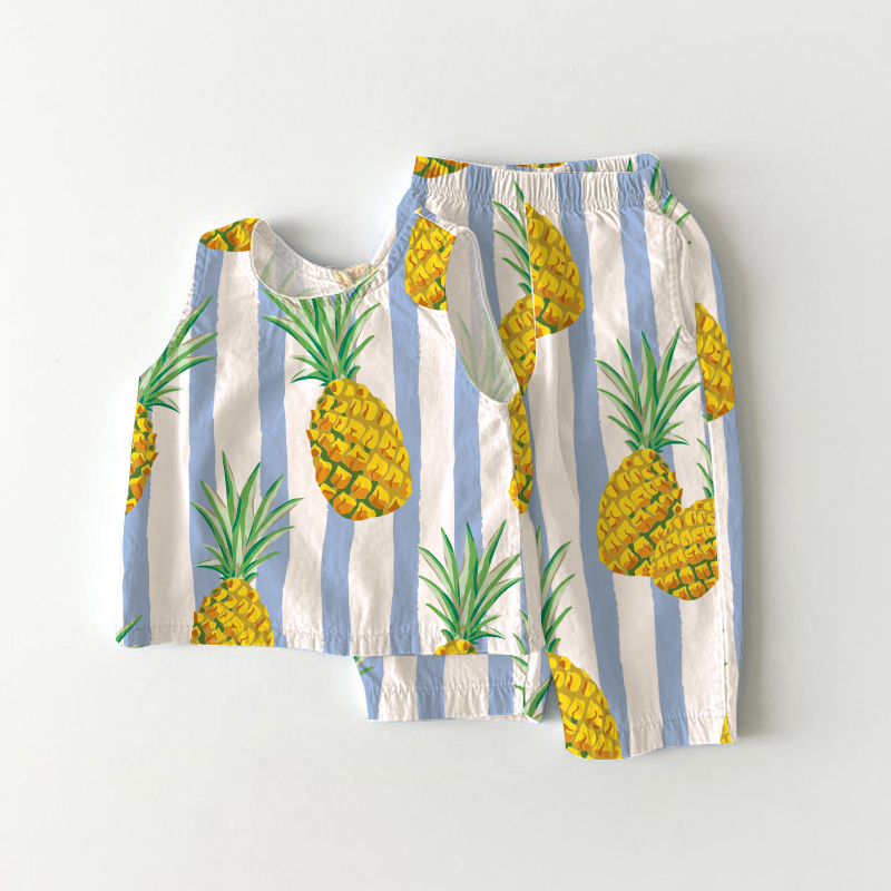 Baby Kleinkind Set mit Ananas-Motiv, Blau Streifen , ärmellos, 2-teilig - Weiß - 3-4J - image 1