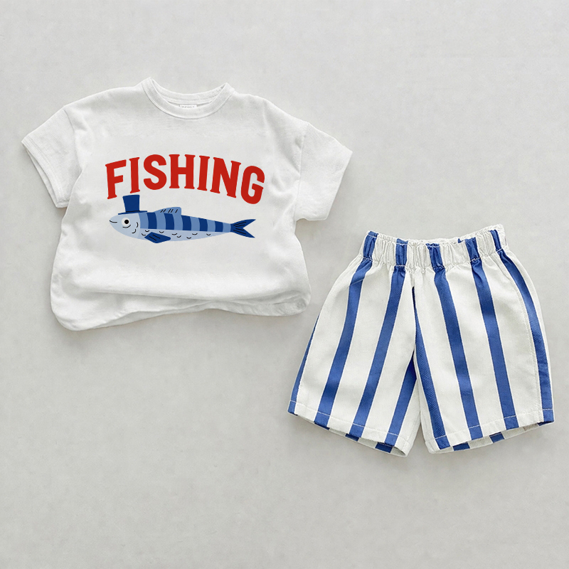 FISHING Baby , vertikal Streifen 2-teiliges Shorts Set - Weiß & Blau - 2-3J - image 1
