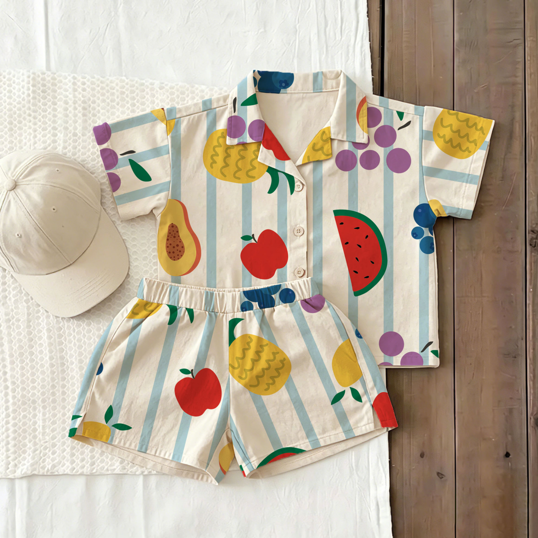 Baby Kleinkind Set mit Blau Obst: Shirt und Shorts, 2-teilig - Weiß - 3-5J - image 1