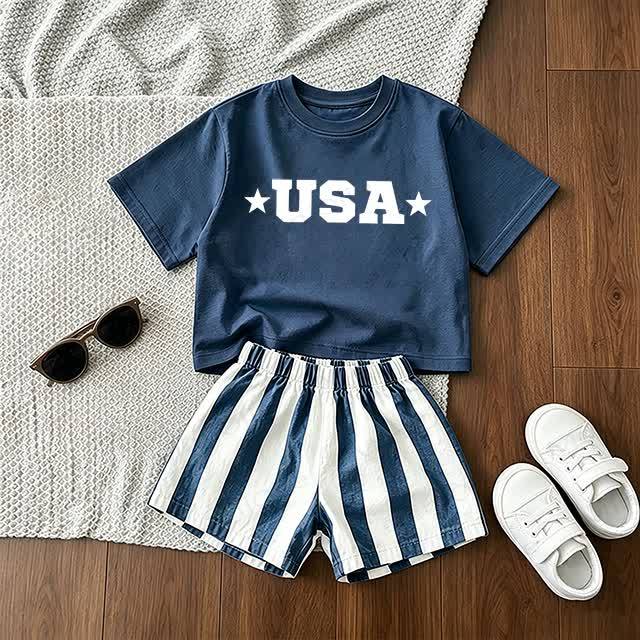 USA Baby T-Stück und Streifen Shorts 2-teiliges Set - Blau - 3-5J - image 1