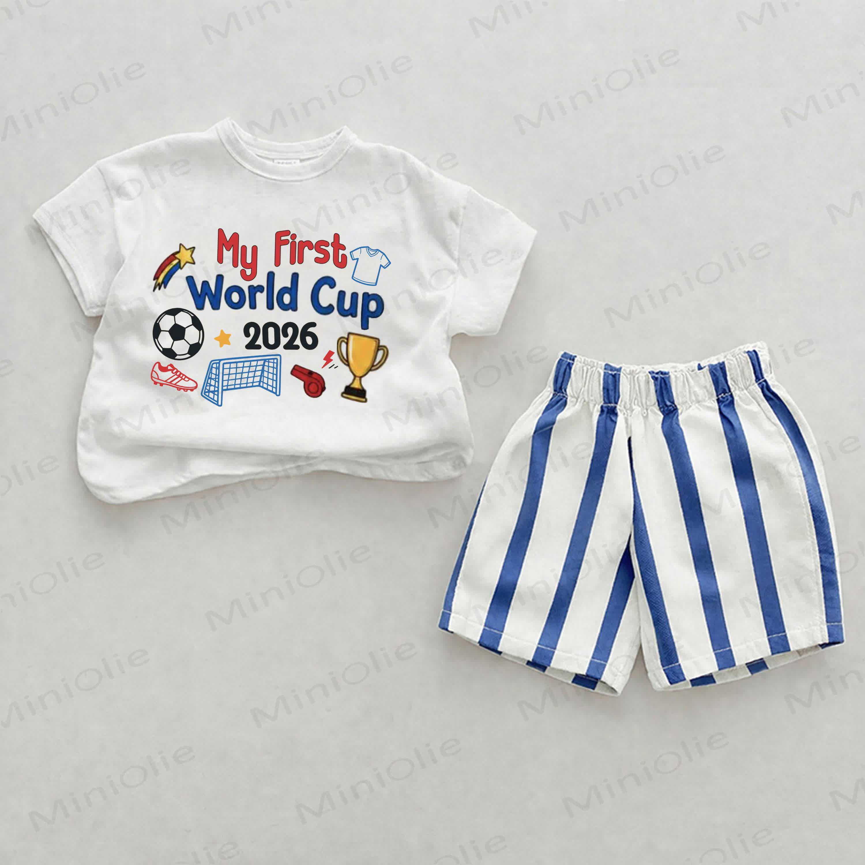 MY FIRST WORLD CUP 2026 Baby -Fußball- Set , Blau -vertikal Streifen, 2- Shorts - Weiß & Blau - 2-3J - image 1