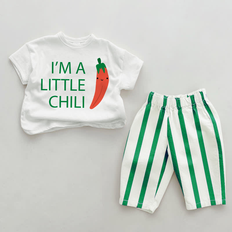 I'M A LITTLE CHILI Baby Lächelnd Chili- Set mit vertikalen Streifen , 2-teilig - Weiß & Grün - 2-3J - image 1