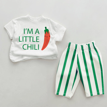 I'M A LITTLE CHILI Baby Lächelnd Chili- Set mit vertikalen Streifen , 2-teilig - Weiß & Grün - 2-3J - image 1