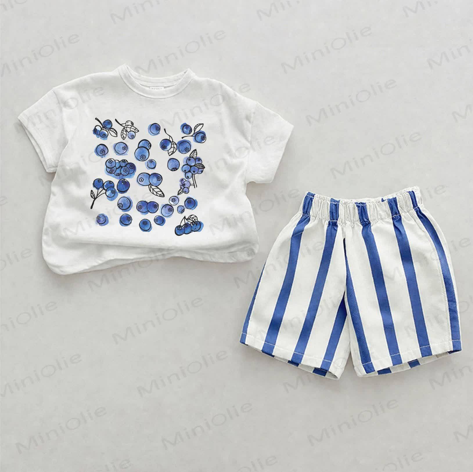 Baby Shorts Set mit Blau Blaubeermuster und vertikalen Streifen - Weiß & Blau - 2-3J - image 1