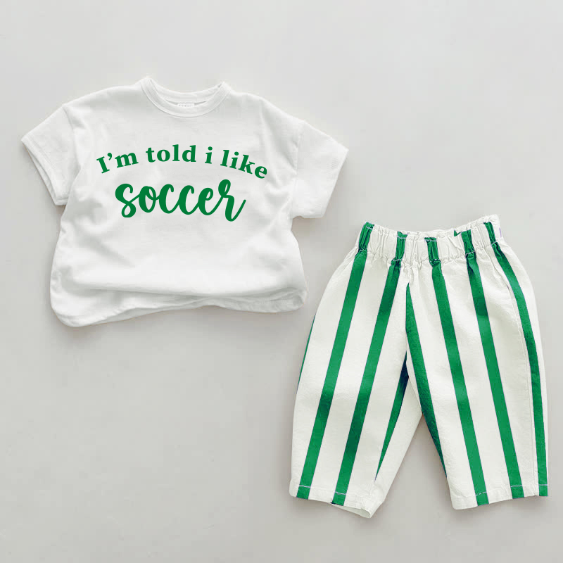 Ich sagte, ich mag SOCCER – Baby , vertikal Streifen 2-teiliges Set - Weiß & Grün - 2-3J - image 1