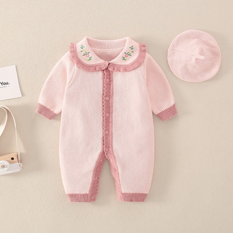 Baby Pinkes Blumenspitzenkragen-Strampler mit Hut - Pink - 18-24M - image 1