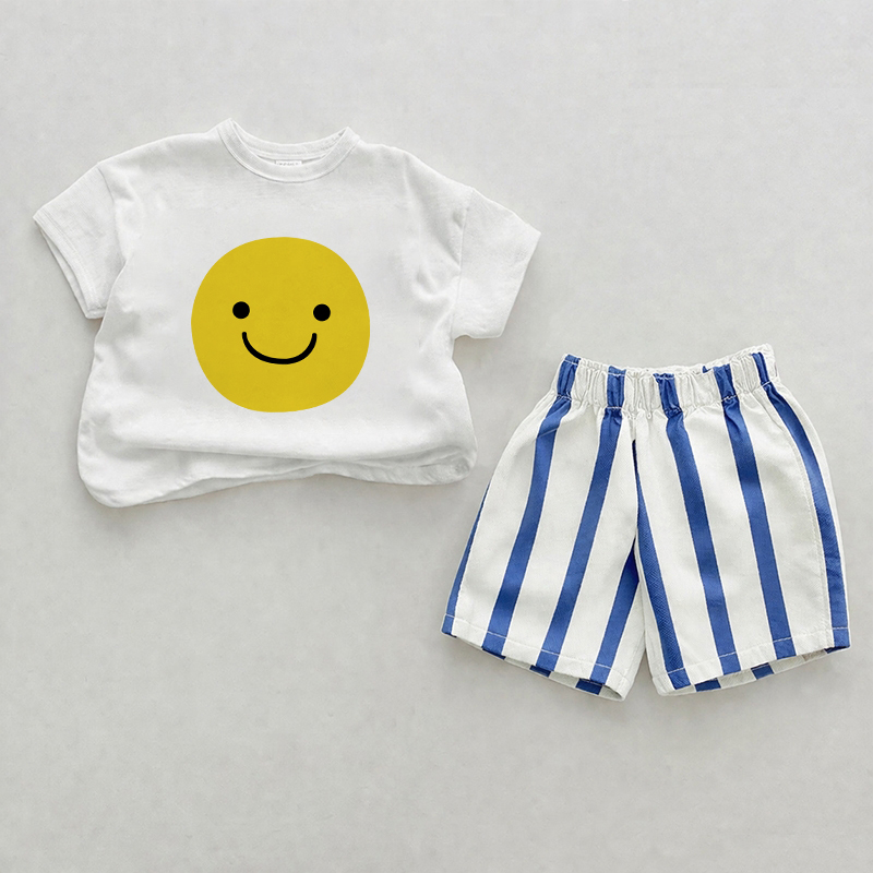  Baby , vertikal Streifen 2-teiliges Shorts Set mit Smiley Gesicht - Weiß & Blau - 2-3J - image 1