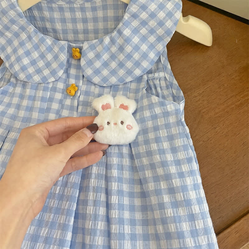 Ärmelloses Kleid für Kleinkindermädchen in Blau mit Gingham und Hase - image 3