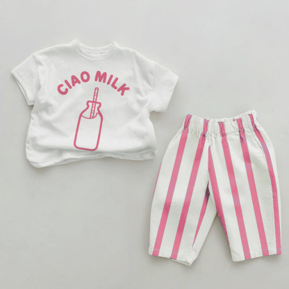 CIAO MILK Baby Mädchen Rosa Vertikal Streifen 2-teiliges Set - Weiß & Rosa - 2-3J - image 1