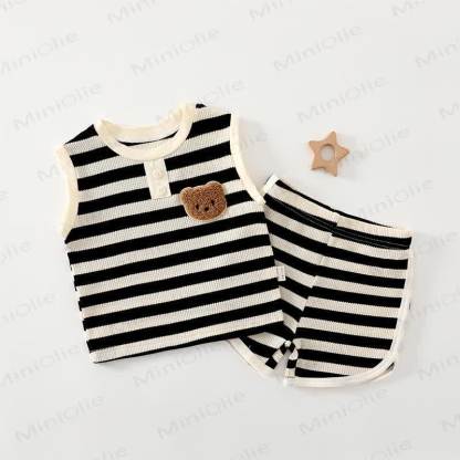 Baby Soft Stricken Bär Streifen Tanktop and Shorts 2-teiliges Set - Schwarz - 3-4J - image 3