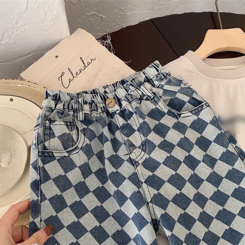 Blaue, lockere Jeanshose mit Rautenmuster für Kleinkinder
