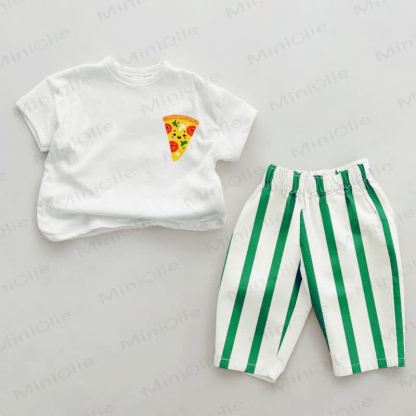 2-teiliges Set mit Baby Pizza-Print und vertikalen Streifen - Weiß & Grün - 2-3J - image 1